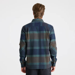 Roark Nordsman Long Sleeve Flannel in deep navy wool blend with reinforced elbows, snap front, and chest pockets.
