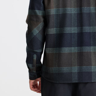 Roark Nordsman Long Sleeve Flannel in deep navy wool blend with reinforced elbows, snap front, and chest pockets.
