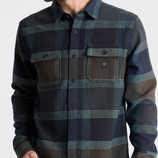 Roark Nordsman Long Sleeve Flannel in deep navy wool blend with reinforced elbows, snap front, and chest pockets.
