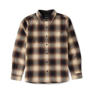 Roark Crossroads Organic Cotton Flannel in Faded Brown with a brown, cream, and grey plaid pattern, button-front closure, chest pocket, and long sleeves