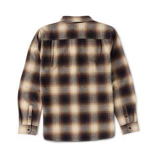 Roark Crossroads Organic Cotton Flannel in Faded Brown with a brown, cream, and grey plaid pattern, button-front closure, chest pocket, and long sleeves