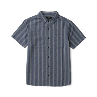 Roark Crosswinds Button Up Shirt in Neptune with blue-grey vertical dobby stripes, short sleeves, a button-front closure, and chest pocket