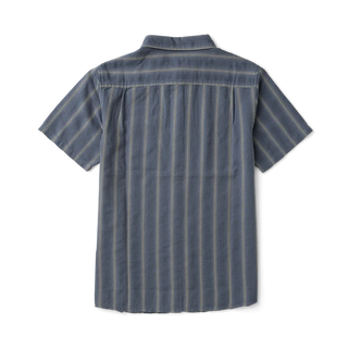 Roark Crosswinds Button Up Shirt in Neptune with blue-grey vertical dobby stripes, short sleeves, a button-front closure, and chest pocket