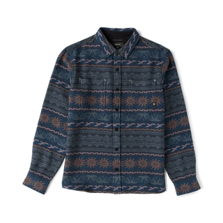 Roark Journey Jacquard Long Sleeve Flannel in Navy with horizontal geometric patterns, a button-front closure, and dual chest pockets