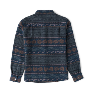 Roark Journey Jacquard Long Sleeve Flannel in Navy with horizontal geometric patterns, a button-front closure, and dual chest pockets