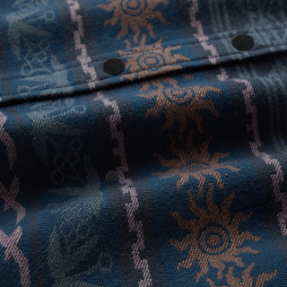 Roark Journey Jacquard Long Sleeve Flannel in Navy with horizontal geometric patterns, a button-front closure, and dual chest pockets