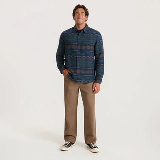 Roark Journey Jacquard Long Sleeve Flannel in Navy with horizontal geometric patterns, a button-front closure, and dual chest pockets