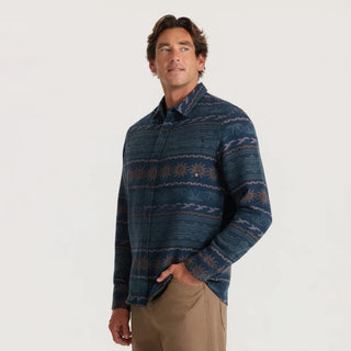 Roark Journey Jacquard Long Sleeve Flannel in Navy with horizontal geometric patterns, a button-front closure, and dual chest pockets
