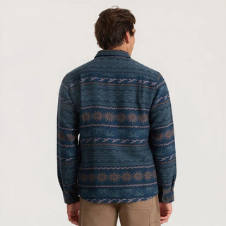 Roark Journey Jacquard Long Sleeve Flannel in Navy with horizontal geometric patterns, a button-front closure, and dual chest pockets
