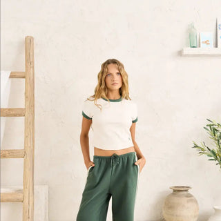 Rhythm Embroidered Floral Tee in Natural/Hunter, fitted ringer tee with contrast Hunter binding at neck and sleeves and delicate embroidered floral detail at chest in 93% cotton 7% spandex