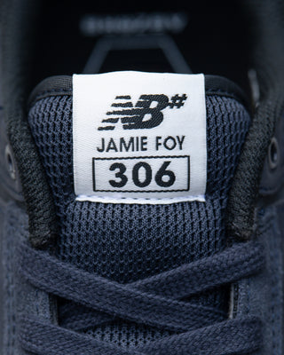 New Balance Numeric Jamie Foy 306 Shoes in Eclipse/White - low-profile vulcanized skate shoe with lightweight suede, breathable mesh panels, and visible rubber layer