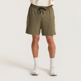 Roark Serrano 7 inch Active Stretch Shorts in Military, athletic fit lightweight REPREVE recycled polyester shorts with DWR water-resistant finish, side zip pocket, dual slash pockets, and rear YKK zip pocket