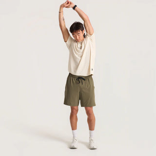 Roark Serrano 7 inch Active Stretch Shorts in Military, athletic fit lightweight REPREVE recycled polyester shorts with DWR water-resistant finish, side zip pocket, dual slash pockets, and rear YKK zip pocket