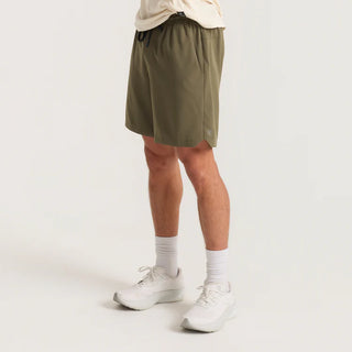 Roark Serrano 7 inch Active Stretch Shorts in Military, athletic fit lightweight REPREVE recycled polyester shorts with DWR water-resistant finish, side zip pocket, dual slash pockets, and rear YKK zip pocket