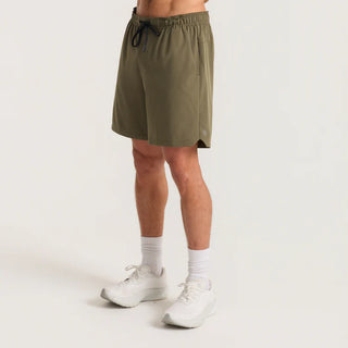 Roark Serrano 7 inch Active Stretch Shorts in Military, athletic fit lightweight REPREVE recycled polyester shorts with DWR water-resistant finish, side zip pocket, dual slash pockets, and rear YKK zip pocket