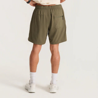 Roark Serrano 7 inch Active Stretch Shorts in Military, athletic fit lightweight REPREVE recycled polyester shorts with DWR water-resistant finish, side zip pocket, dual slash pockets, and rear YKK zip pocket