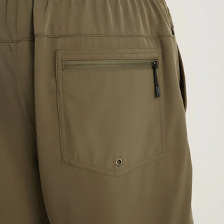 Roark Serrano 7 inch Active Stretch Shorts in Military, athletic fit lightweight REPREVE recycled polyester shorts with DWR water-resistant finish, side zip pocket, dual slash pockets, and rear YKK zip pocket