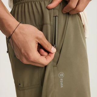 Roark Serrano 7 inch Active Stretch Shorts in Military, athletic fit lightweight REPREVE recycled polyester shorts with DWR water-resistant finish, side zip pocket, dual slash pockets, and rear YKK zip pocket