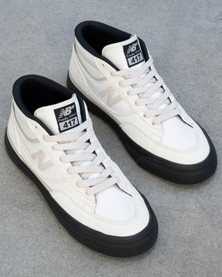New Balance Numeric Franky Villani 417 skate shoe in sea salt and black, suede canvas upper, mid cut, vulcanized sole.