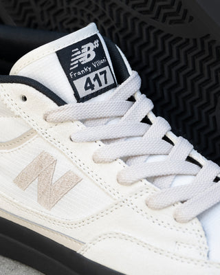 New Balance Numeric Franky Villani 417 skate shoe in sea salt and black, suede canvas upper, mid cut, vulcanized sole.