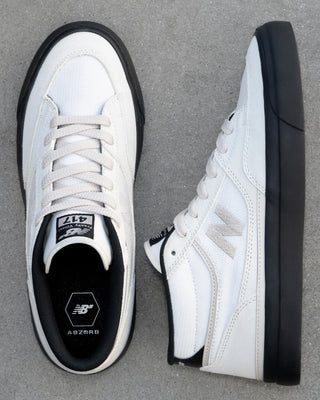 New Balance Numeric Franky Villani 417 skate shoe in sea salt and black, suede canvas upper, mid cut, vulcanized sole.