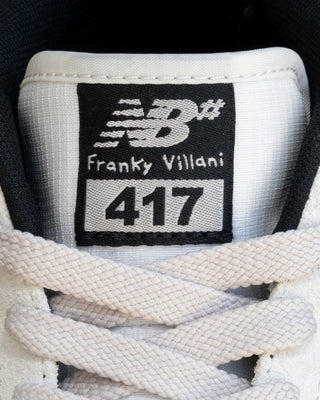 New Balance Numeric Franky Villani 417 skate shoe in sea salt and black, suede canvas upper, mid cut, vulcanized sole.