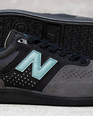 New Balance Numeric 508 Brandon Westgate skate shoe in dark grey and teal with suede toe, mesh collar, reflective details.