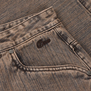 Brown Dime denim shorts with embroidered logo, classic fit, and wavy back pockets

