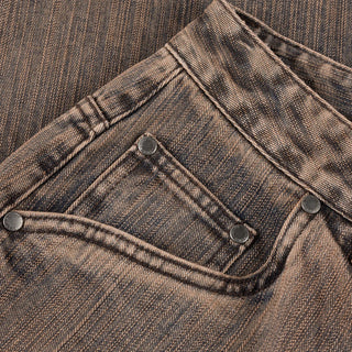 Brown Dime denim shorts with embroidered logo, classic fit, and wavy back pockets
