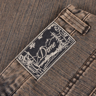Brown Dime denim shorts with embroidered logo, classic fit, and wavy back pockets
