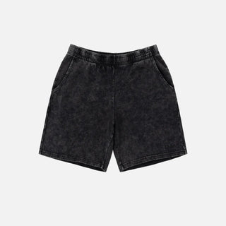 Black denim shorts on a light gray background