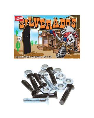 Shorty's Silverado's 1 1/8 inch Phillips head skateboard hardware with 2 silver and 6 black bolts and low profile nuts