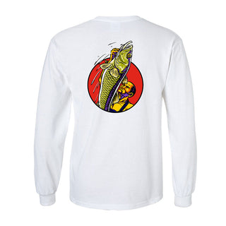 StrangeLove Skateboards White long sleeve t-shirt with bold Sean Cliver graphics, front and back.