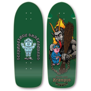 Strangelove 10.5" Krampus deck, green, hand-screened, Sean Cliver artwork, '80s inspired, limited edition.