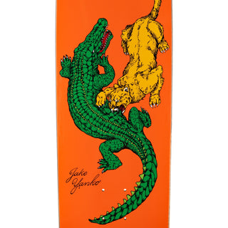 Jake Yanko's debut pro model "Swamp Fight on Panther" by Welcome Skateboards, orange, 9.0" width, art by Jason Celaya.