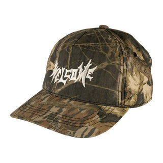 Welcome Skateboards "Vamp" 5 Panel Hat, camo pattern, white Vamp logo, structured mid-profile, velcro closure.