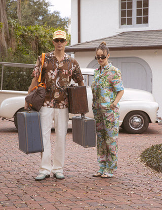 Duvin Sweepstakes Buttonup in Multi with 88% Tencel and 12% Linen blend, classic camp collar, relaxed fit, front chest pocket, and lightweight breathable construction