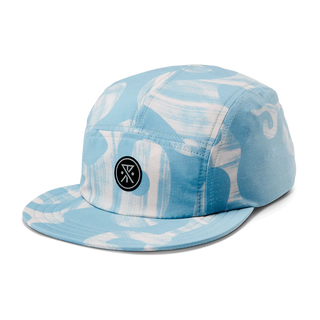 Aqua blue Roark Batik Camper 5 Panel Strapback Hat, inspired by South Pacific design, adjustable fit.