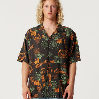Critical Slide Mellow Resort Shirt Black in rayon fabric with resort collar, coconut buttons, and exclusive small-batch artwork.