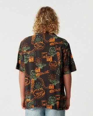 Critical Slide Mellow Resort Shirt Black in rayon fabric with resort collar, coconut buttons, and exclusive small-batch artwork.