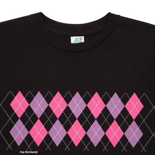 Image of Frog Skateboards Total Argyle Tee Black with Pink Argyle Front Graphics
