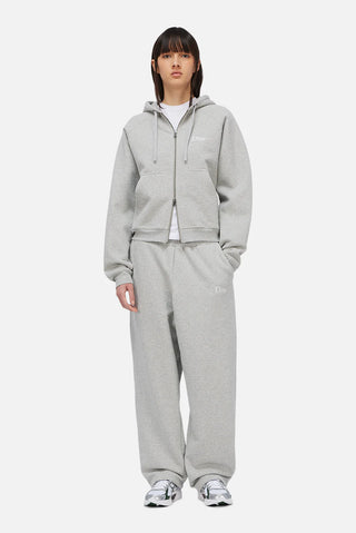 Gray Dime sweatpants with small embroidered logo, relaxed fit, and adjustable cuffs