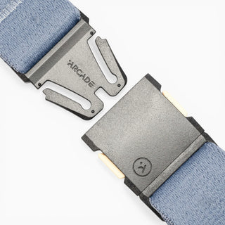 Arcade Belts Save The Waves Belt in Sky — A2 buckle, micro-adjustable REPREVE® stretch webbing, metal-free, original Erik Abel artwork, 10% to wave conservation

