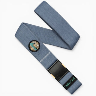 Arcade Belts Save The Waves Belt in Sky — A2 buckle, micro-adjustable REPREVE® stretch webbing, metal-free, original Erik Abel artwork, 10% to wave conservation

