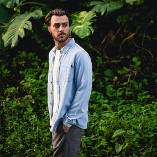 Roark Scholar Chambray Button Up Shirt Bleached, organic cotton twill with button-down collar and chest pocket.
