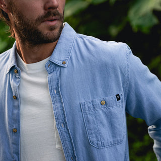 Roark Scholar Chambray Button Up Shirt Bleached, organic cotton twill with button-down collar and chest pocket.
