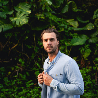 Roark Scholar Chambray Button Up Shirt Bleached, organic cotton twill with button-down collar and chest pocket.
