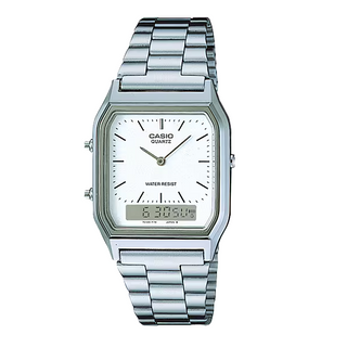Casio Vintage AQ230A-7DMQY watch with silver bracelet, analog-digital display, and classic rectangular case.