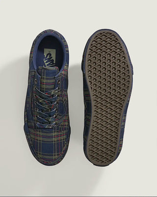 Vans LX Premium Old Skool in Plaid Navy/Multi featuring a vulcanized sole and classic waffle outsole.