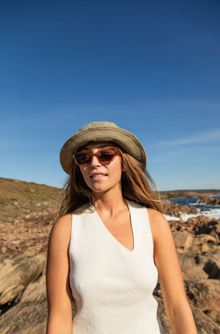Otis Eyewear Selena sunglasses in Eco Ochre Havana with Brown mineral glass lenses, bold angular handmade eco acetate frame with Viscottica hinges, stainless steel screws, Category 3 100% UVA UVB protection, 4 base lens curve, 54-18-145mm sizing, fits most face shapes